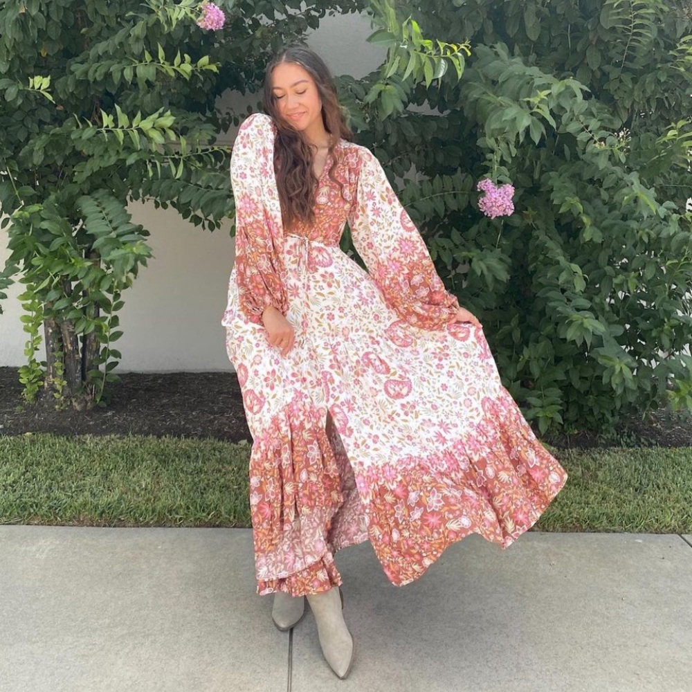 Pink floral boho maxi dress